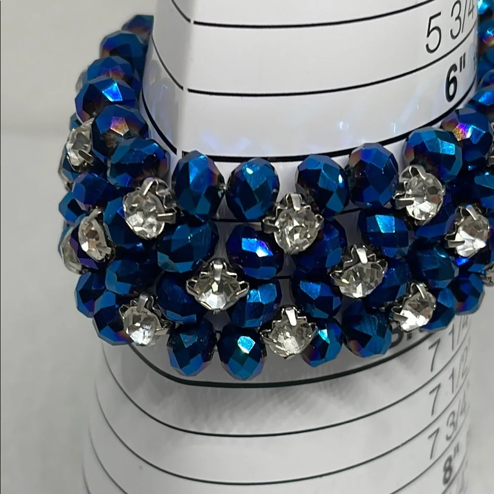 Vtg gorgeous Blue bead clear stretch prong set rhinestone Bracelet beautiful